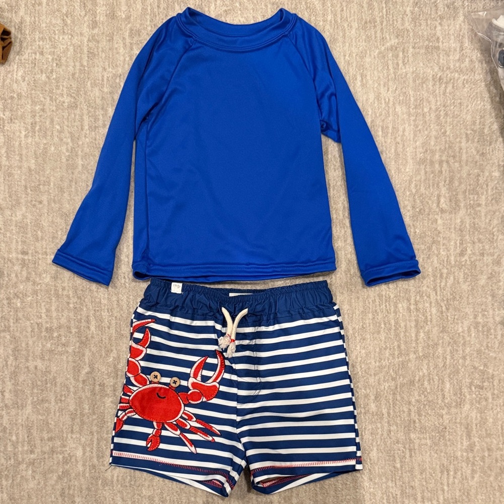Blue Rash Guard and Striped Swim Shorts Set NWOT 12-18m